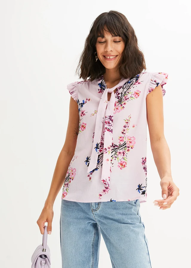 Blouse à lavallière et mancherons volantés, Couleur: rose floral
