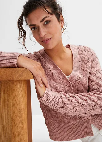 Jachetă tricotată cu model ajurat • roz/gri • magazin bonprix