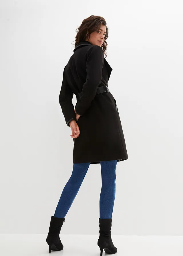 Lange jas in wollen look, Kleur: zwart