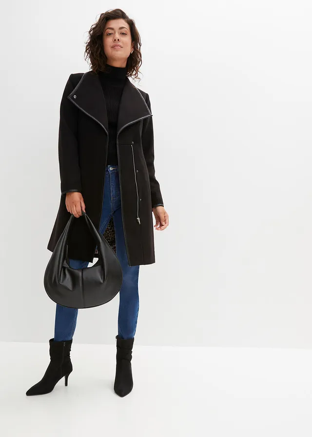 Lange jas in wollen look, Kleur: zwart