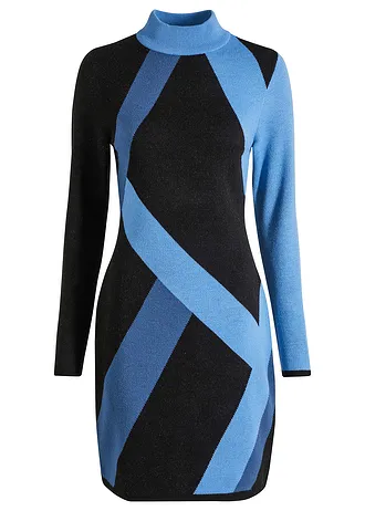 Gebreide jacquard jurk met trendy strepen, Kleur: lichtblauw-donkerblauw