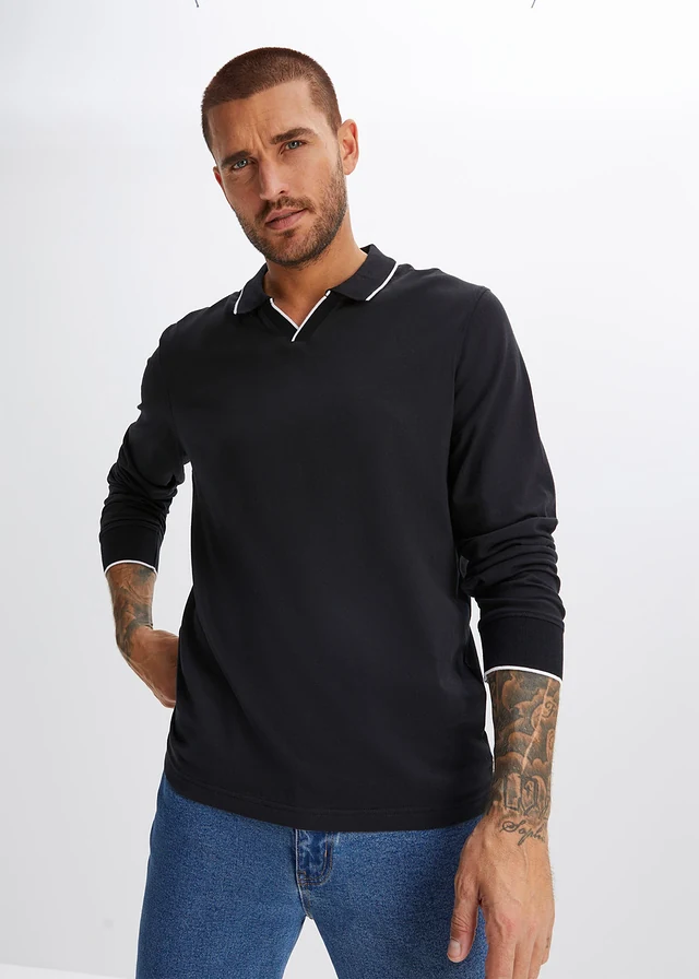 Polo manches longues 100% coton, Couleur: noir