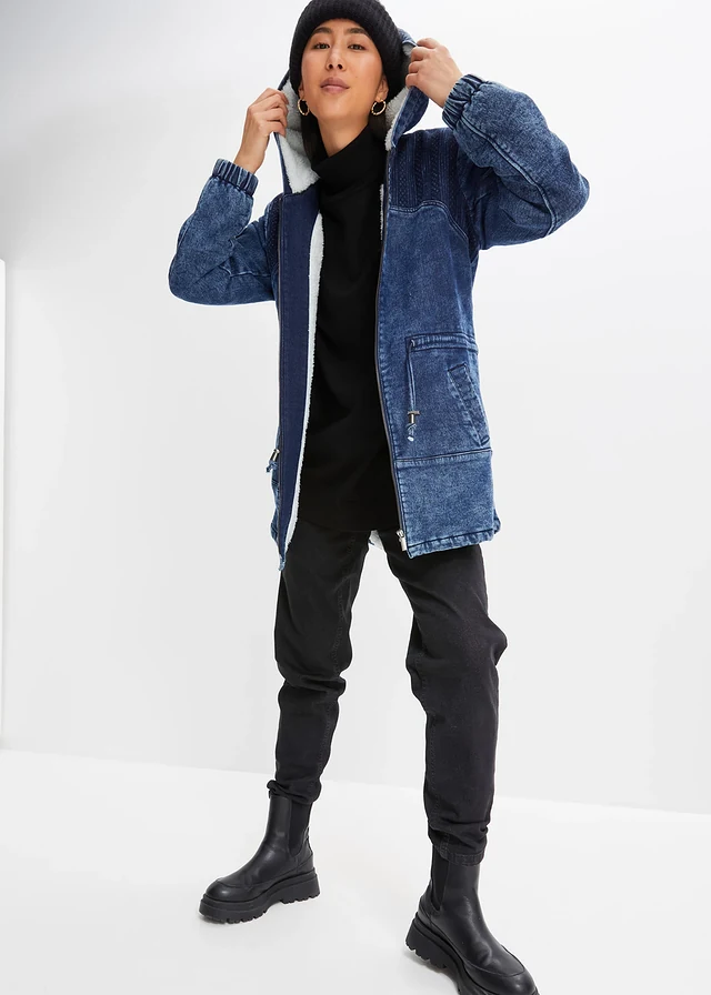 Parka en jean avec maille peluche, Couleur: bleu foncé denim