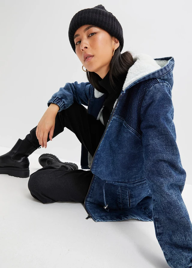 Denim parka met teddy, Kleur: donkerblauw denim