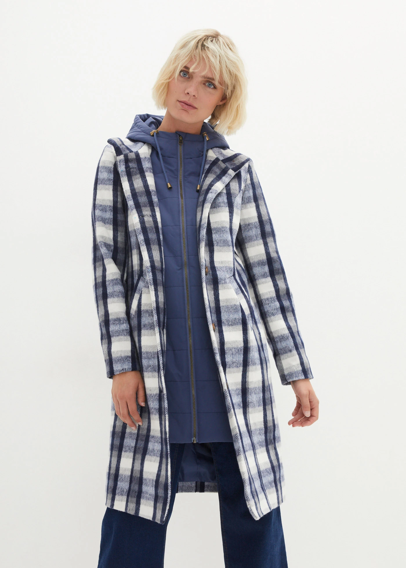 Korte coat, 2-in1 look • indigo-grijs geruit • bonprix online shop