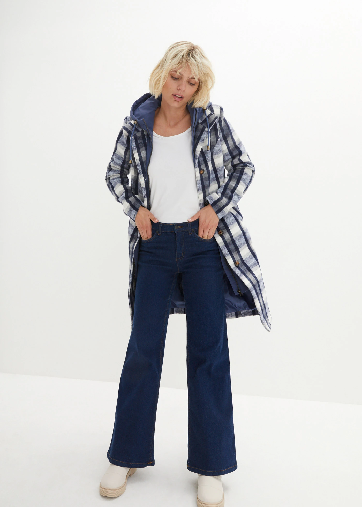 Mantou de iarnă cu aspect 2 în 1 • indigo-gri cadrilat • magazin bonprix