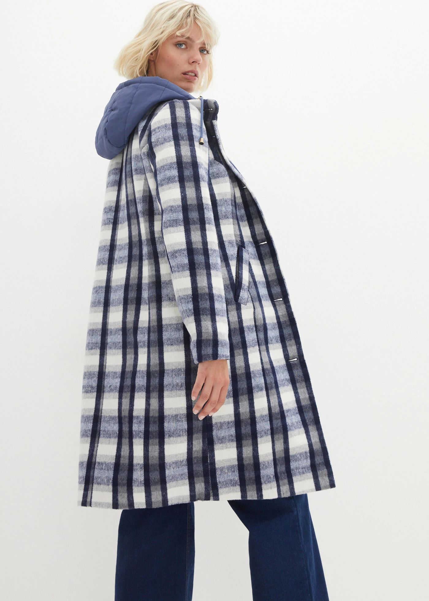 Korte coat, 2-in1 look • indigo-grijs geruit • bonprix online shop