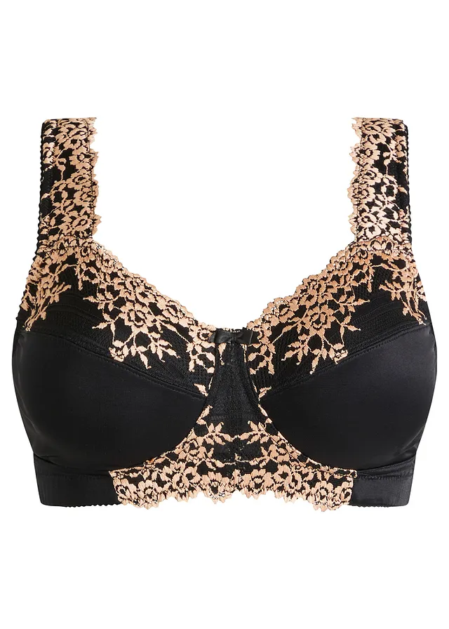 Soutien-gorge grand maintien sans armatures, bretelles rembourrées, Couleur: noir-beige clair floral