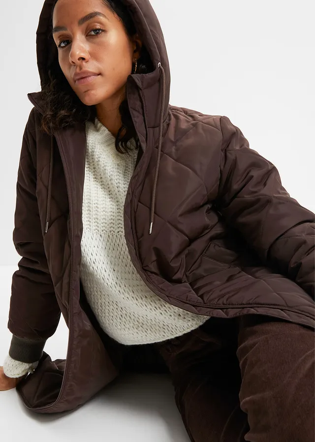 Korte coat met capuchon en stiksels • donkerbruin • product-page.page-title-suffix