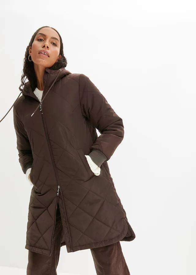 Korte coat met capuchon en stiksels • donkerbruin • product-page.page-title-suffix