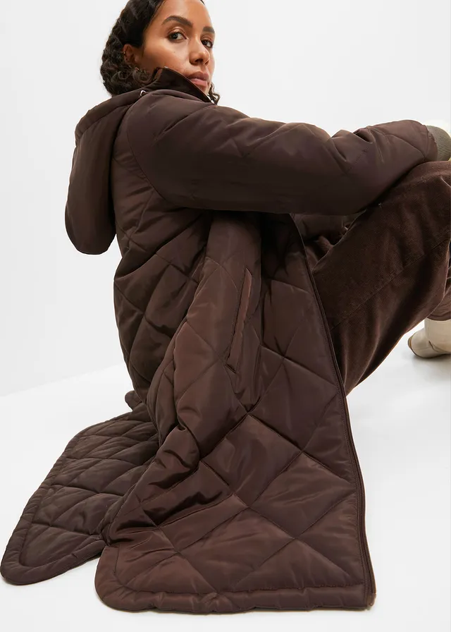 Korte coat met capuchon en stiksels • donkerbruin • product-page.page-title-suffix
