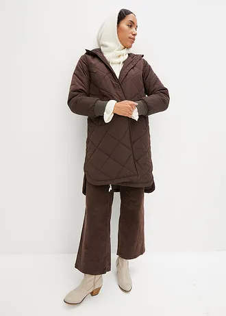 Korte coat met capuchon en stiksels, Kleur: donkerbruin
