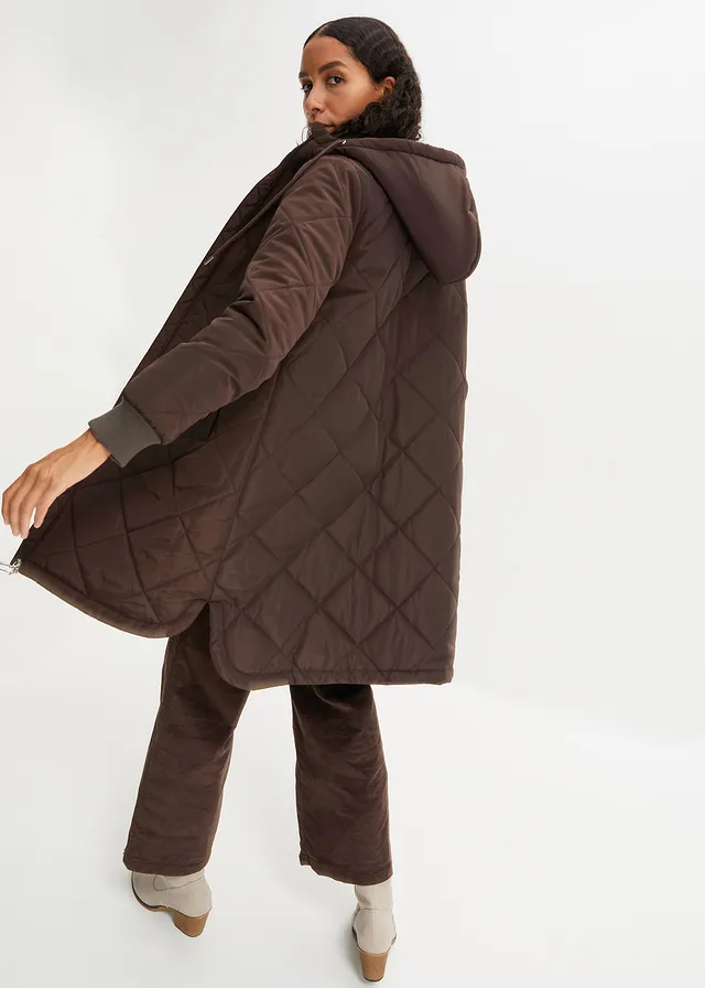 Korte coat met capuchon en stiksels • donkerbruin • product-page.page-title-suffix
