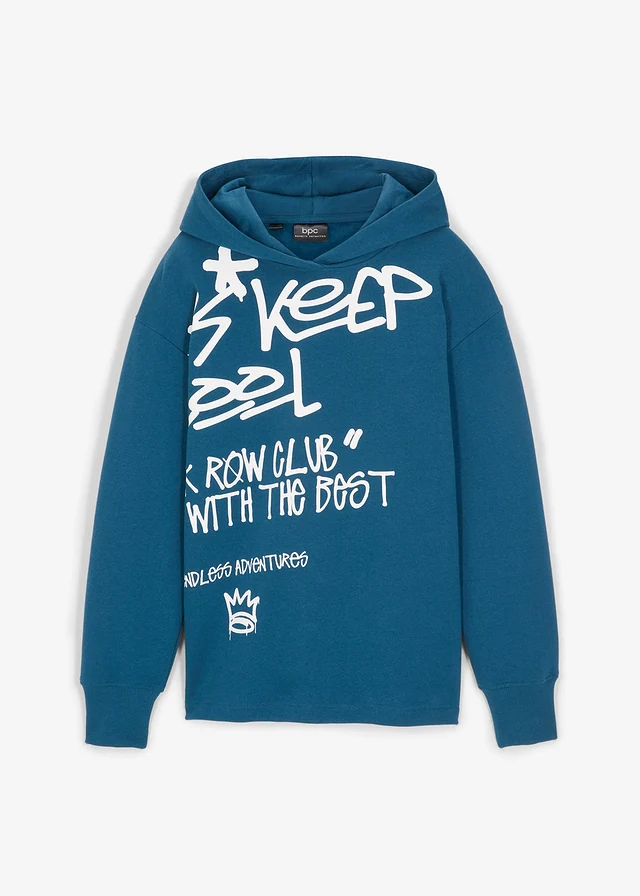 Oversized hoodie van katoen met graffiti print, Kleur: blauwpetrol