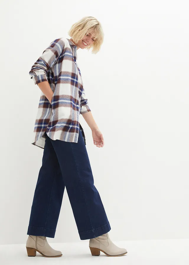 Chemisier en flanelle 100% coton, Couleur: bleu foncé carreaux
