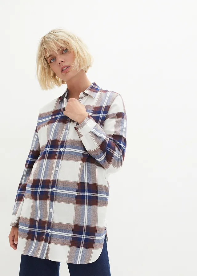 Chemisier en flanelle 100% coton, Couleur: bleu foncé carreaux