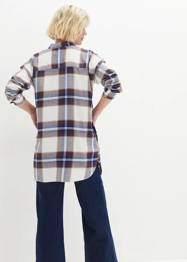 Chemisier en flanelle 100% coton, Couleur: bleu foncé carreaux