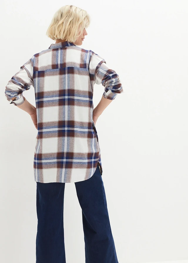 Lange, flanellen overhemdblouse van puur katoen, Kleur: donkerblauw geruit