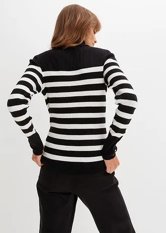 Pull col roulé en viscose mélangée • noir-écru rayé • Boutique bonprix