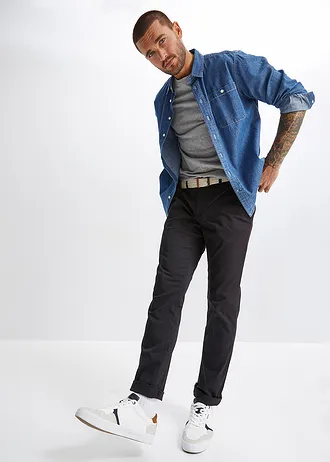 Regular Fit chino nadrág elasztikus derékpánttal és övvel, Straight • fekete • bonprix áruház