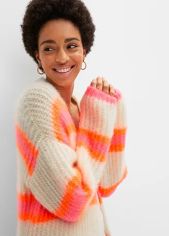 Pletený oversize kabát • pudrově bílá/pink s příčnými proužky • bonprix obchod