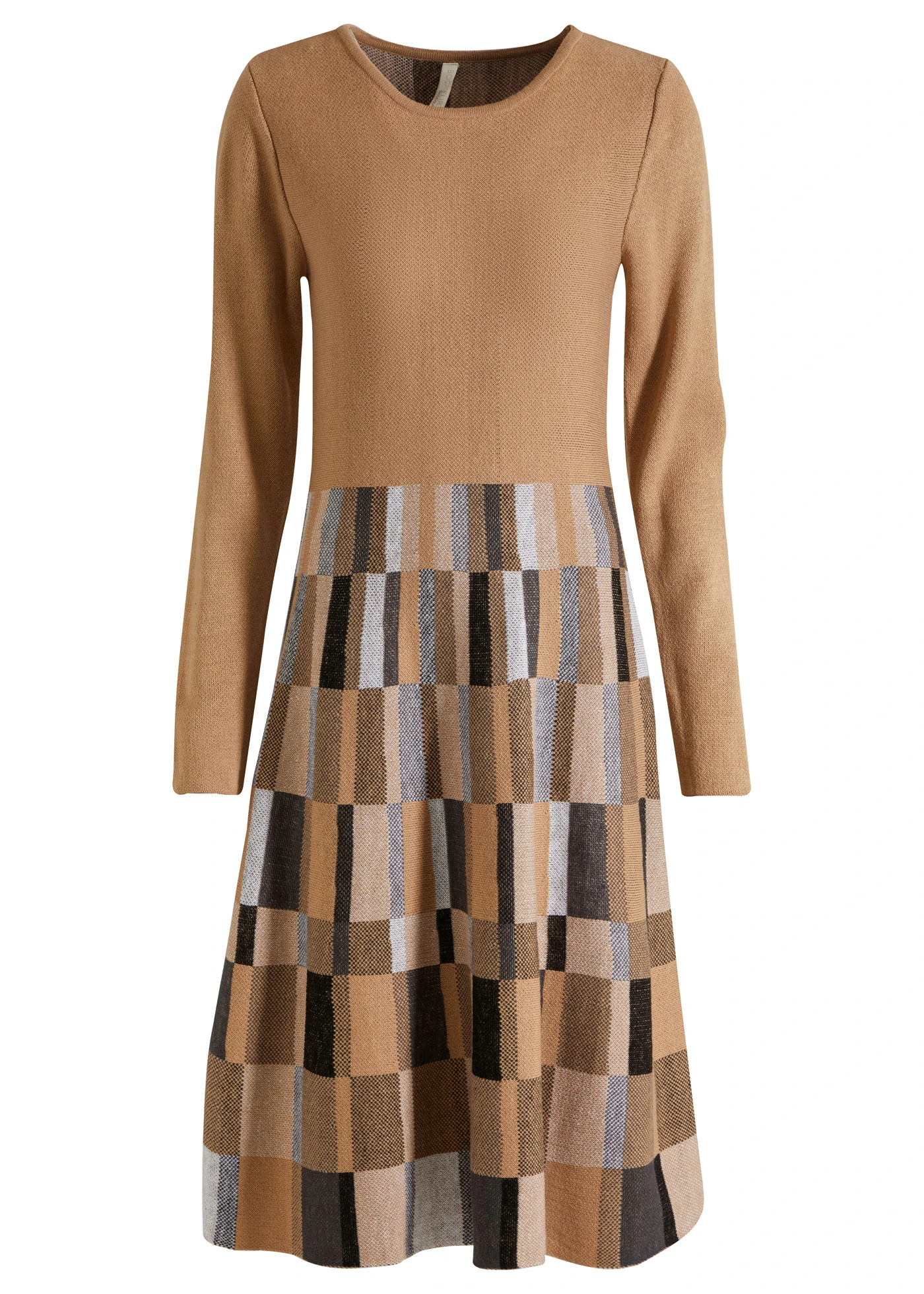 Zvonové pletené šaty ze žakáru • velbloudí-hnědá kostka • bonprix obchod