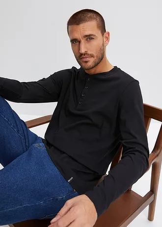 Bluzka z dekoltem henley z czystej bawełny (2 szt.) • czarny+zielonoszary • sklep bonprix