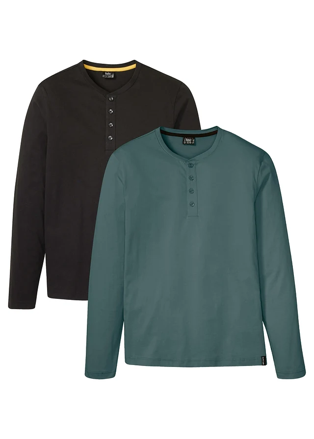 Henley shirt van puur katoen (set van 2), Kleur: zwart+grijsgroen
