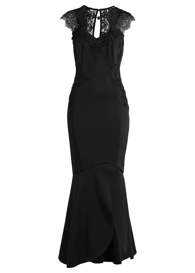 Rochie maxi de seară, din scuba robustă cu dantelă
