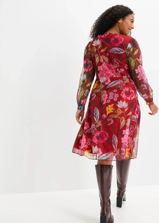 Robe midi en mesh, Couleur: bordeaux/fuchsia floral