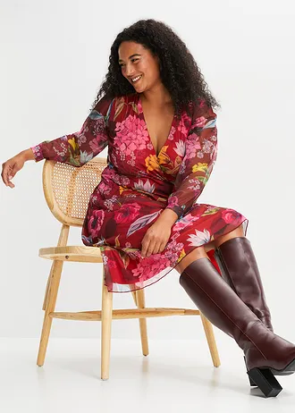 Rochie midi din mesh, culoare: bordo/pink floral