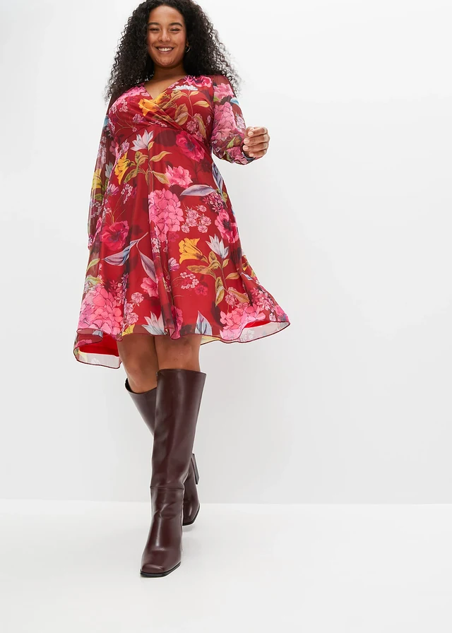 Robe midi en mesh, Couleur: bordeaux/fuchsia floral