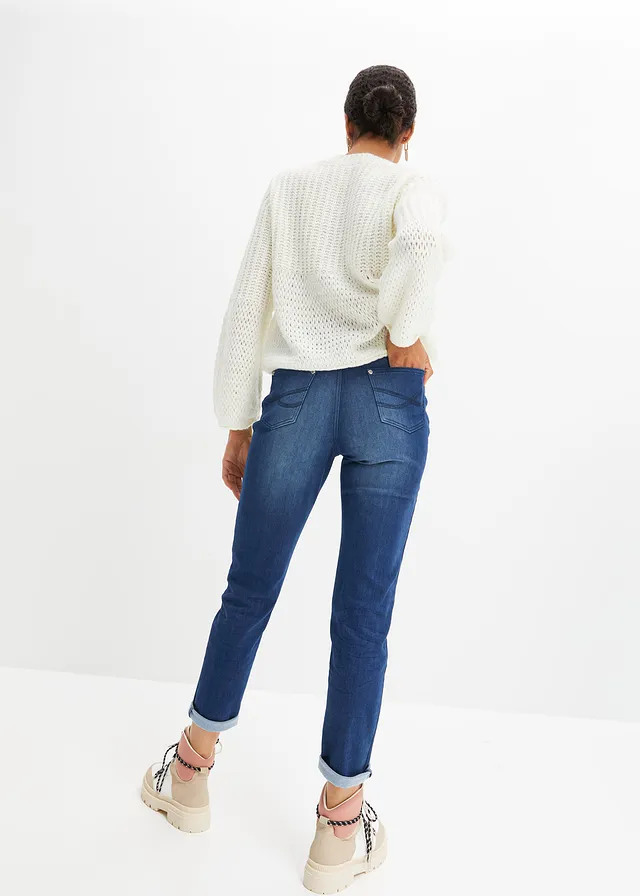 Jean chaud boyfriend taille mi-haute avec intérieur doux, Couleur: bleu foncé denim used