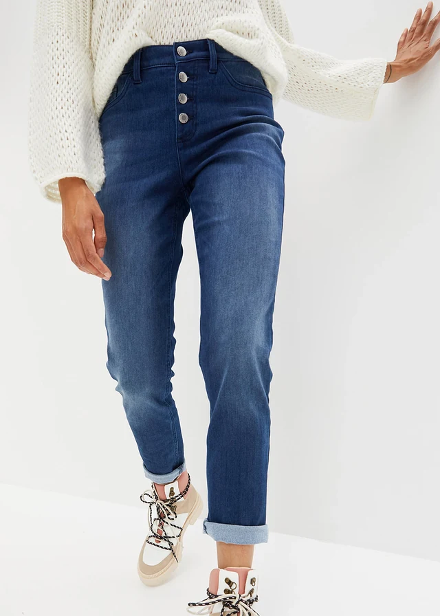 Jean chaud boyfriend taille mi-haute avec intérieur doux, Couleur: bleu foncé denim used