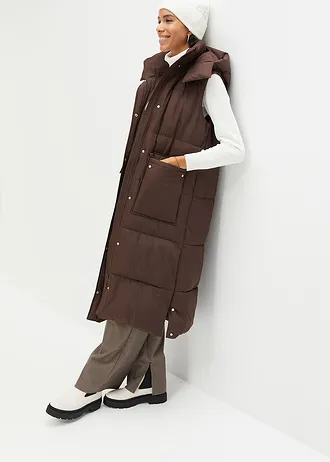 Veste sans manches matelassée en polyester recyclé avec capuche amovible, Couleur: marron foncé