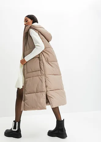 Bodywarmer van gerecycled polyester met afneembare capuchon, Kleur: taupe