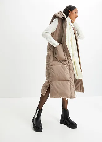 Bodywarmer van gerecycled polyester met afneembare capuchon, Kleur: taupe