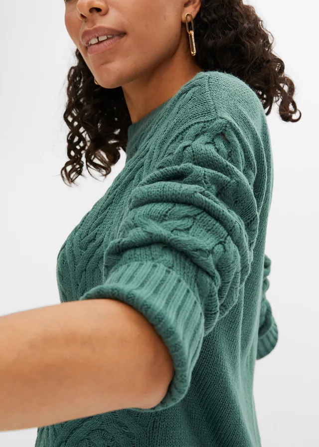 Trui met ronde hals en kabelpatroon • mat groen • bonprix online shop