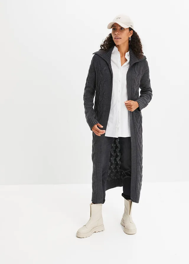 Gilet long en maille torsadée anthracite chiné