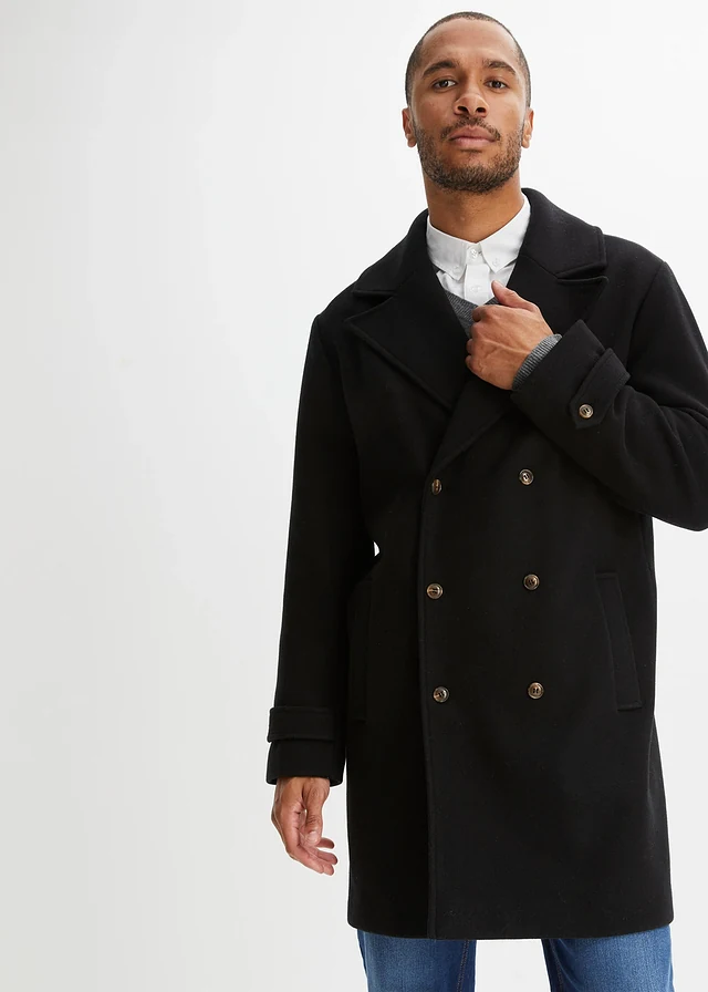 Lange blazerjas met wol, Kleur: zwart