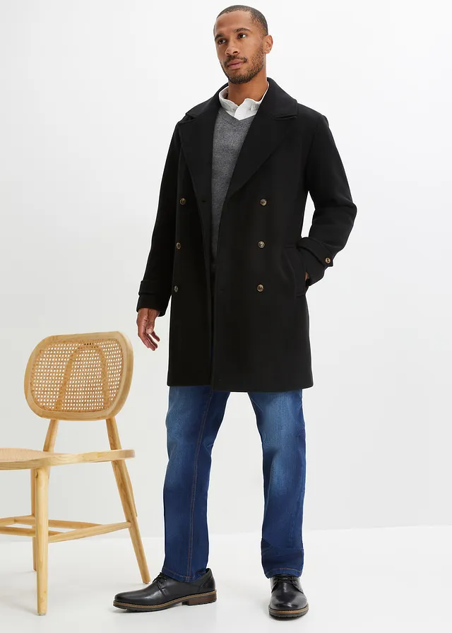 Lange blazerjas met wol, Kleur: zwart