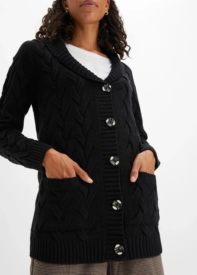 Vest met sjaalkraag en kabelpatroon • zwart • product-page.page-title-suffix