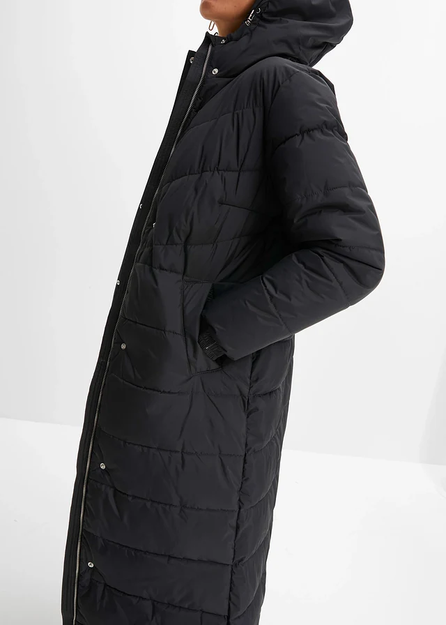Lange, gewatteerde jas met capuchon • zwart • product-page.page-title-suffix