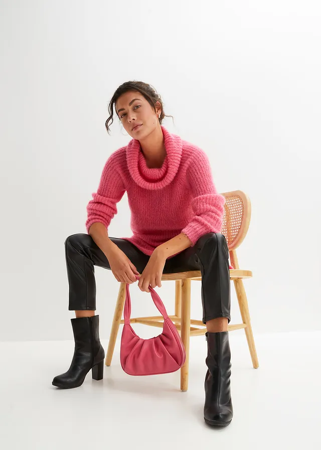 Pull col roulé oversize, Couleur: rose vif
