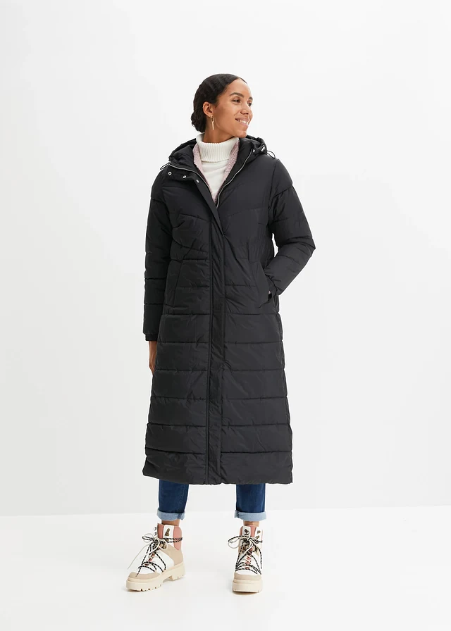 Lange, gewatteerde jas met capuchon • zwart • product-page.page-title-suffix