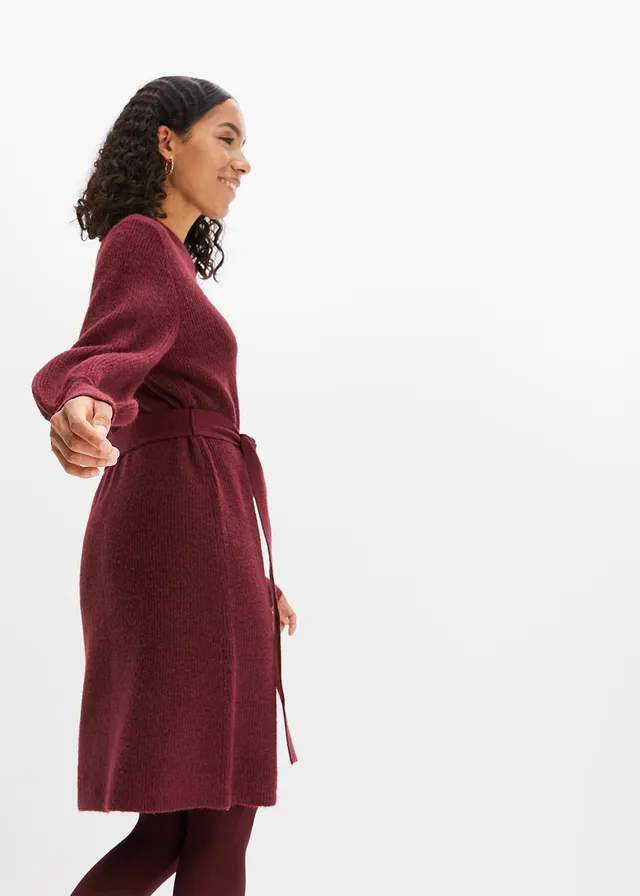 Gebreide jurk met ballonmouwen • esdoornrood mêlee • bonprix online shop