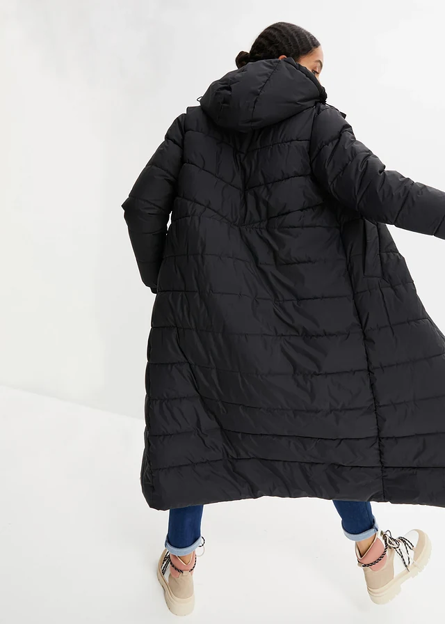 Lange, gewatteerde jas met capuchon, Kleur: zwart