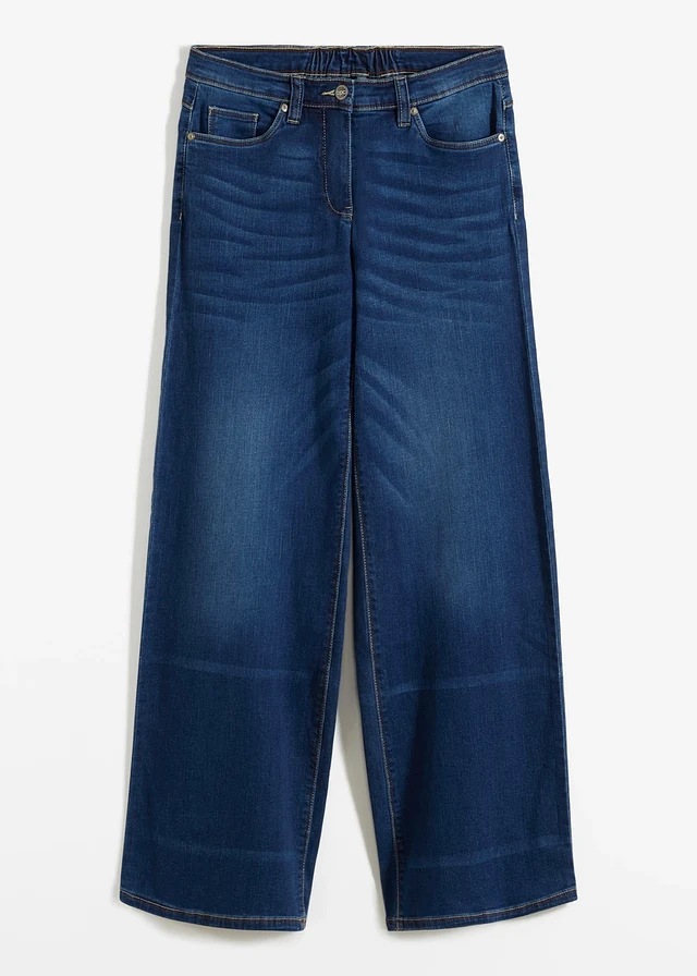 Jean large à taille mi-haute élastiquée, Couleur: bleu denim
