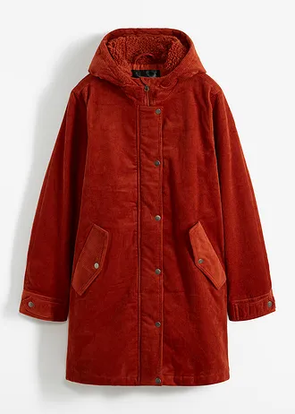Parka chaude en velours côtelé avec capuche doublée polaire, coupe trapèze, Couleur: rouille