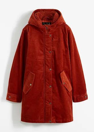 Teplá manšestrová parka s medvídkovou podšívkou v kapuci,  střih do linie A